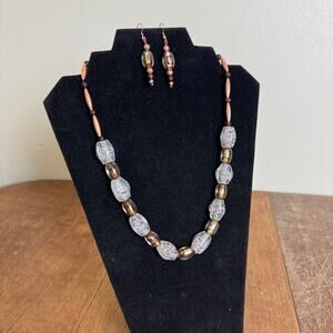 Artisan Made Copper and Glass 21" statement necklace & dangle earring set‎